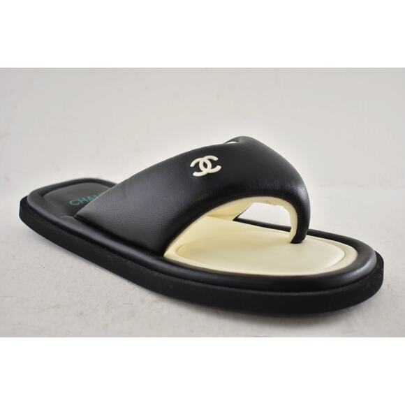 Chanel 22P Black White Lambskin Padded Pool Thong Logo Mule Slide Flat Sandal 36 - Picture 5 of 14